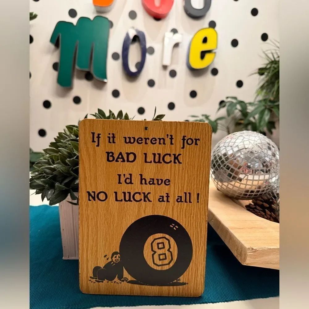 Vintage 1970s Kitschy Quirky Bad Luck Eight Ball Wooden Wall Decor